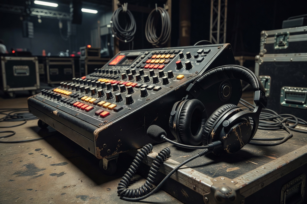Backstage crew communications console and wireless audio headset