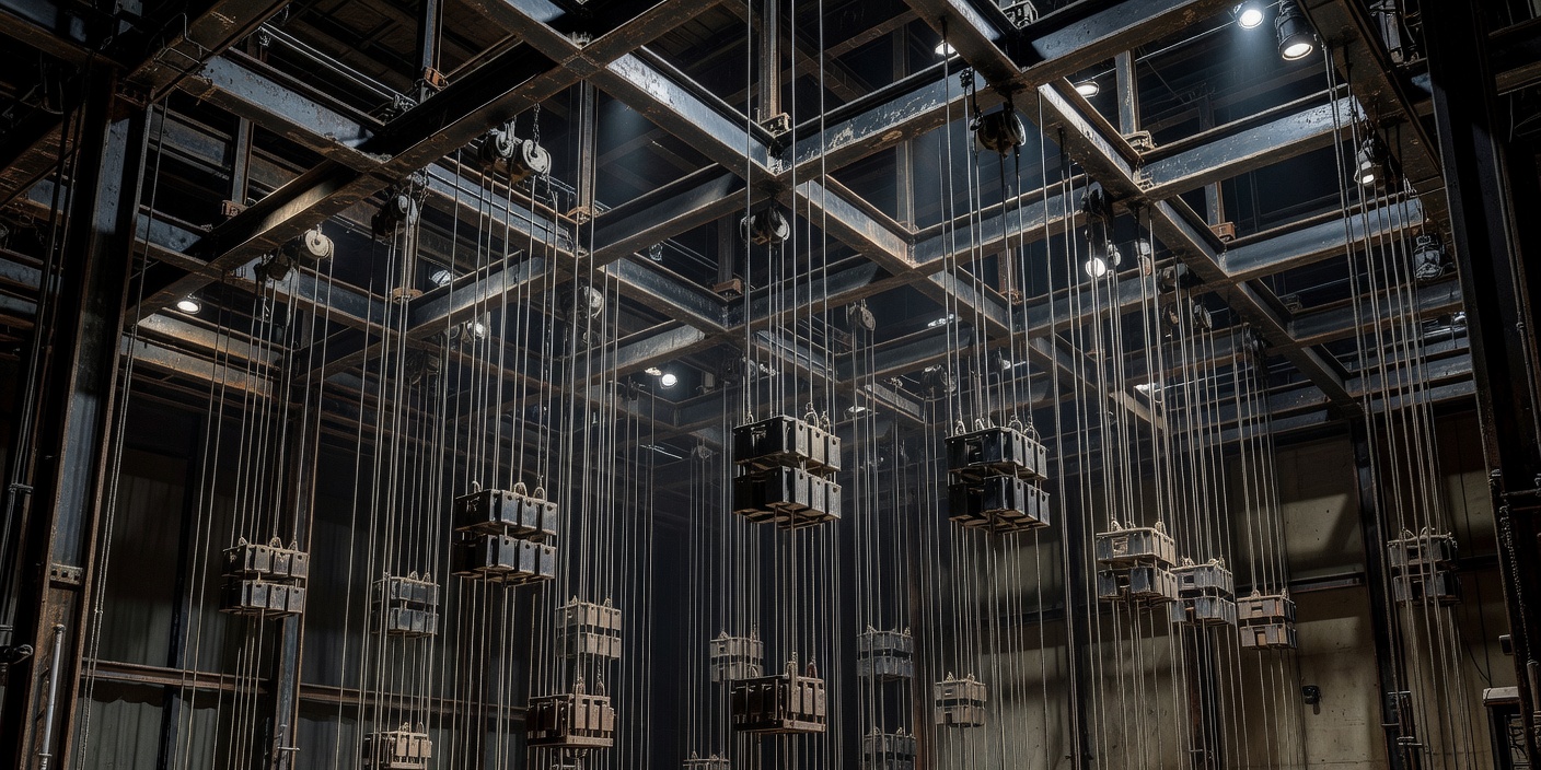 Fly tower grid and counterweight arbors in a major theatrical venue