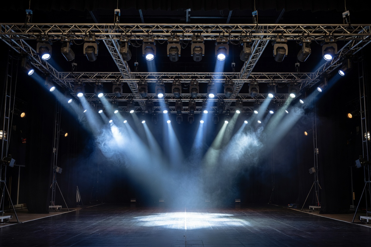 Dramatic stage spotlights cutting through atmospheric haze