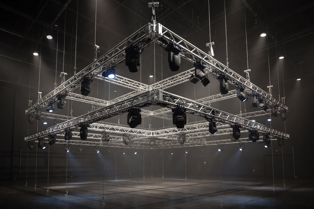 Stage truss rigging and overhead lighting grid installation